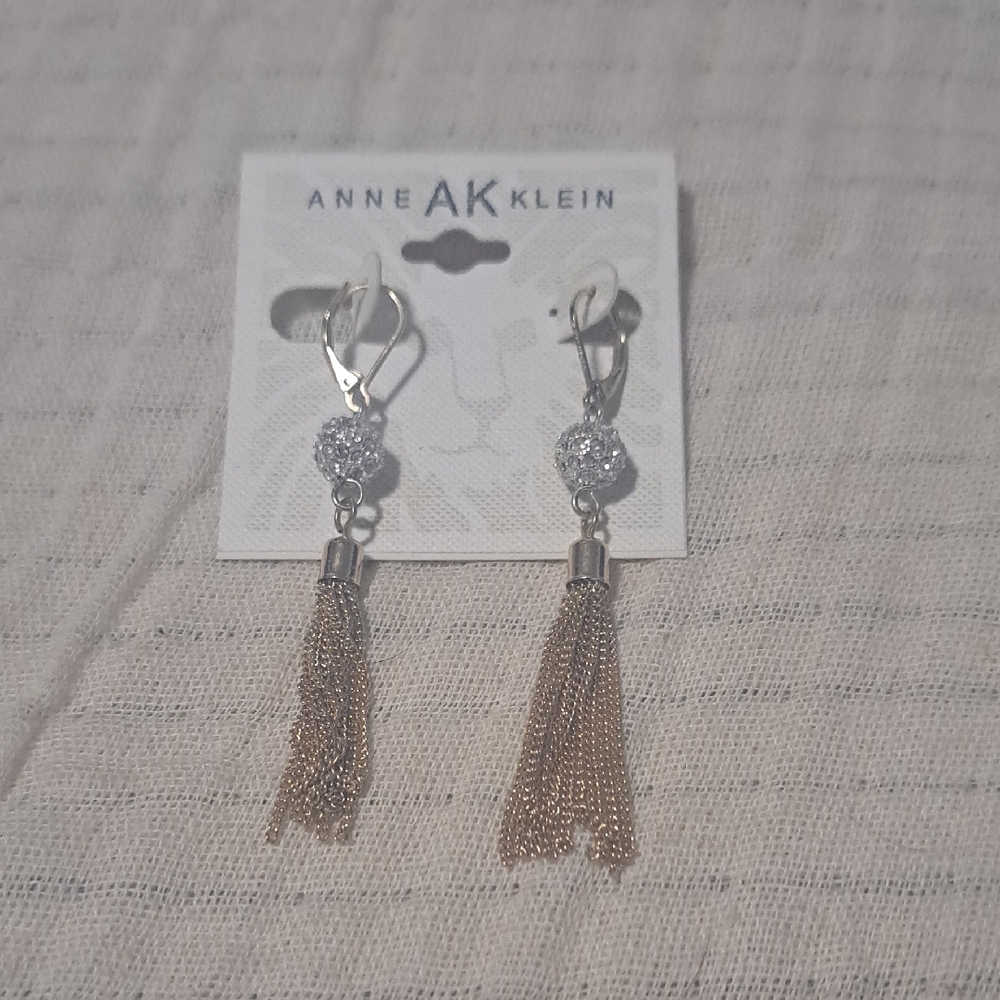 NWT Anne Klein Rhinestone and Gold Lever Back Tassel Earrings